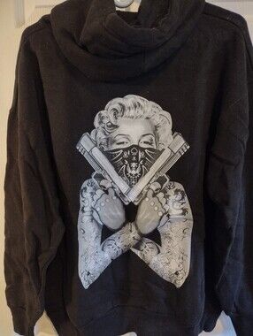 Black Graphic Hoodie with Marilyn Bandana and Guns Print